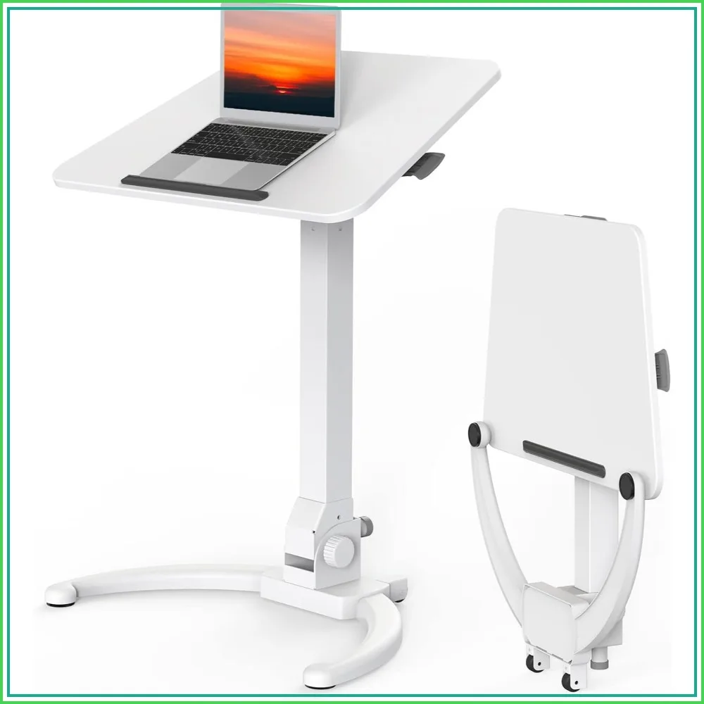 Foldable Mobile Standing Desk, Height Adjustable Sit Stand Desk, 90° Tiltable Rolling Laptop Table, Portable Workstation with Wheels Non-Slip Mat, Holds Up to 22lbs