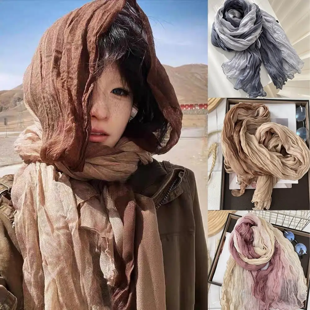 Syal Jilbab Selendang Lipat DIY Lipatan Panjang Selendang Warna Berubah Bertahap Syal Katun dan Linen Gaya Etnik Retro Syal Panjang Wanita