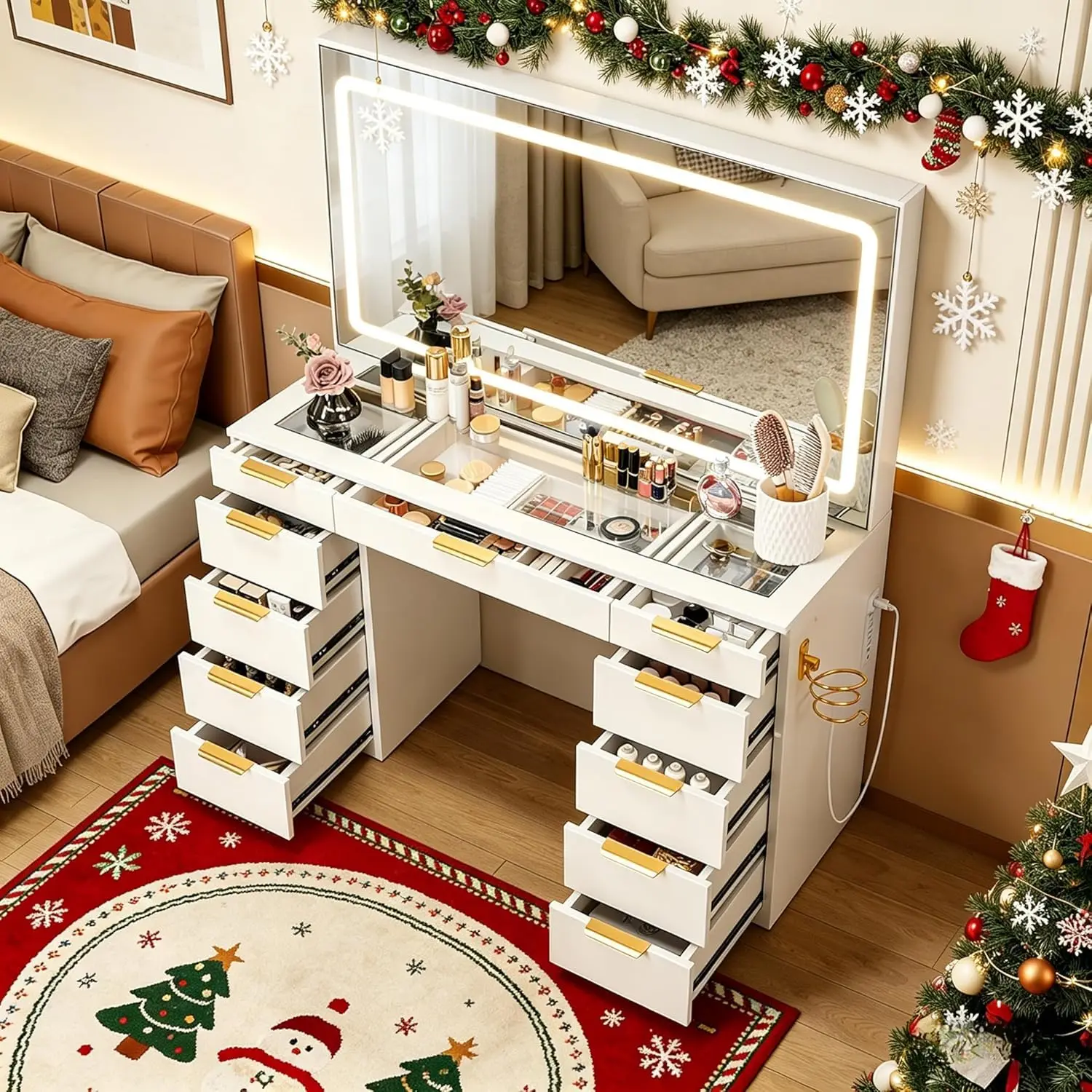 11 Drawers Vanity Desk with Golden Handles, Upgraded Silent Slides Vanity Mirror with Lights, 3 Lighting Modes Glass Top Makeup