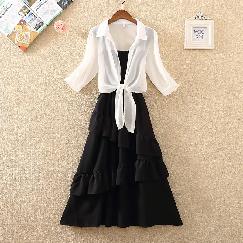 Spring/Summer Fashion Women's Set 2023 Korean Version Retro Waist Ruffled Edge Sling with Reduced Age Casual Dress Two Piece Set