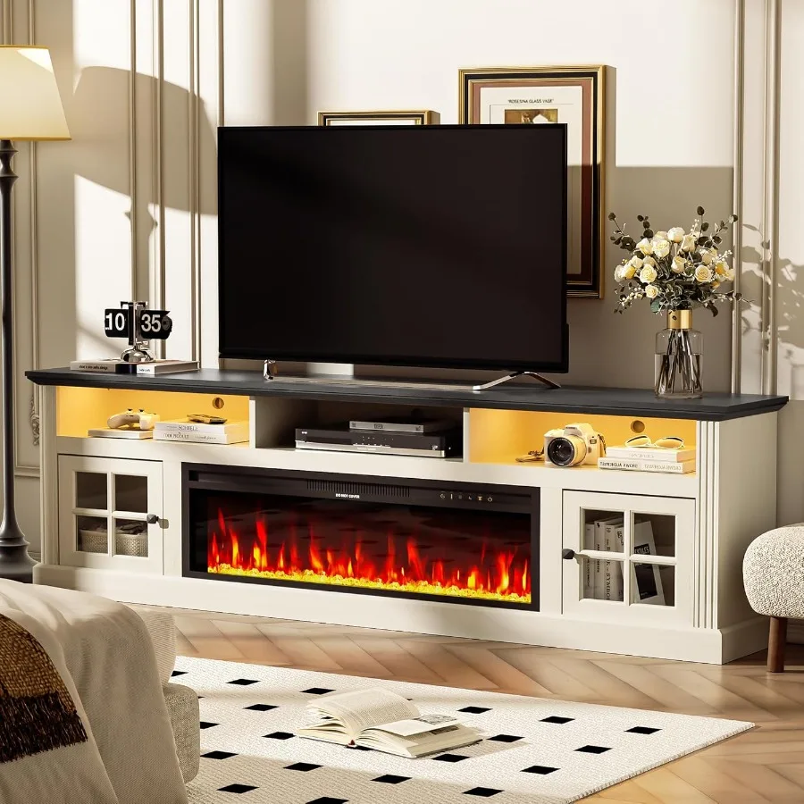 

70 Fireplace TV Stand Designed for TVs Up to 80 with Integrated Storage Cabinets and 36 Electric Fireplace LED LightEnhanced TV