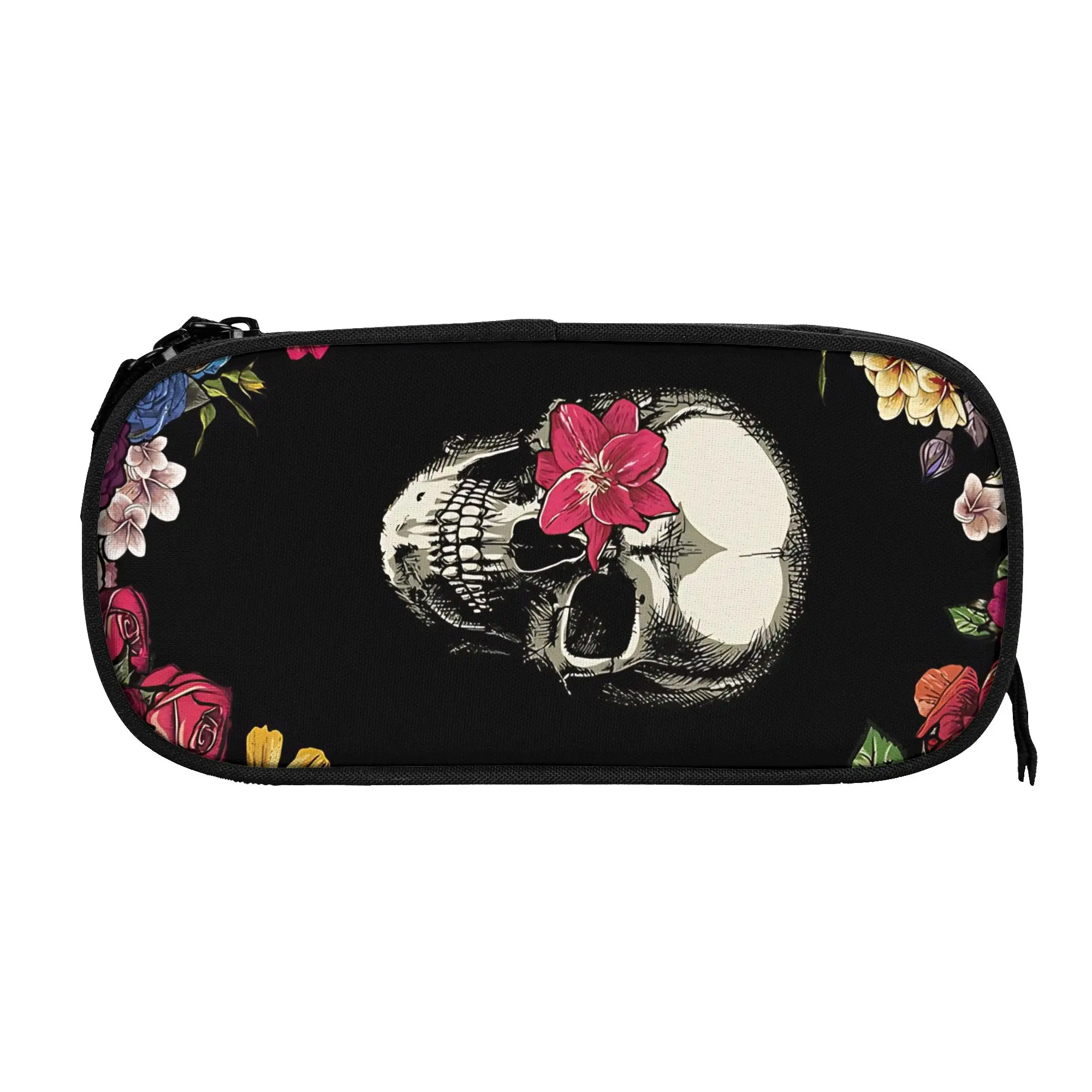 

1 piece Stylish Skull And Flowers Pencil Case Boys Pen Bag Skull Office Stationery Bag