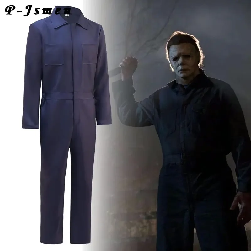 P-jsmen Michael Myers Costume Horror Killer Blue Work Clothes Comfort Cosplay Halloween Jumpsuit for Adult High Quality