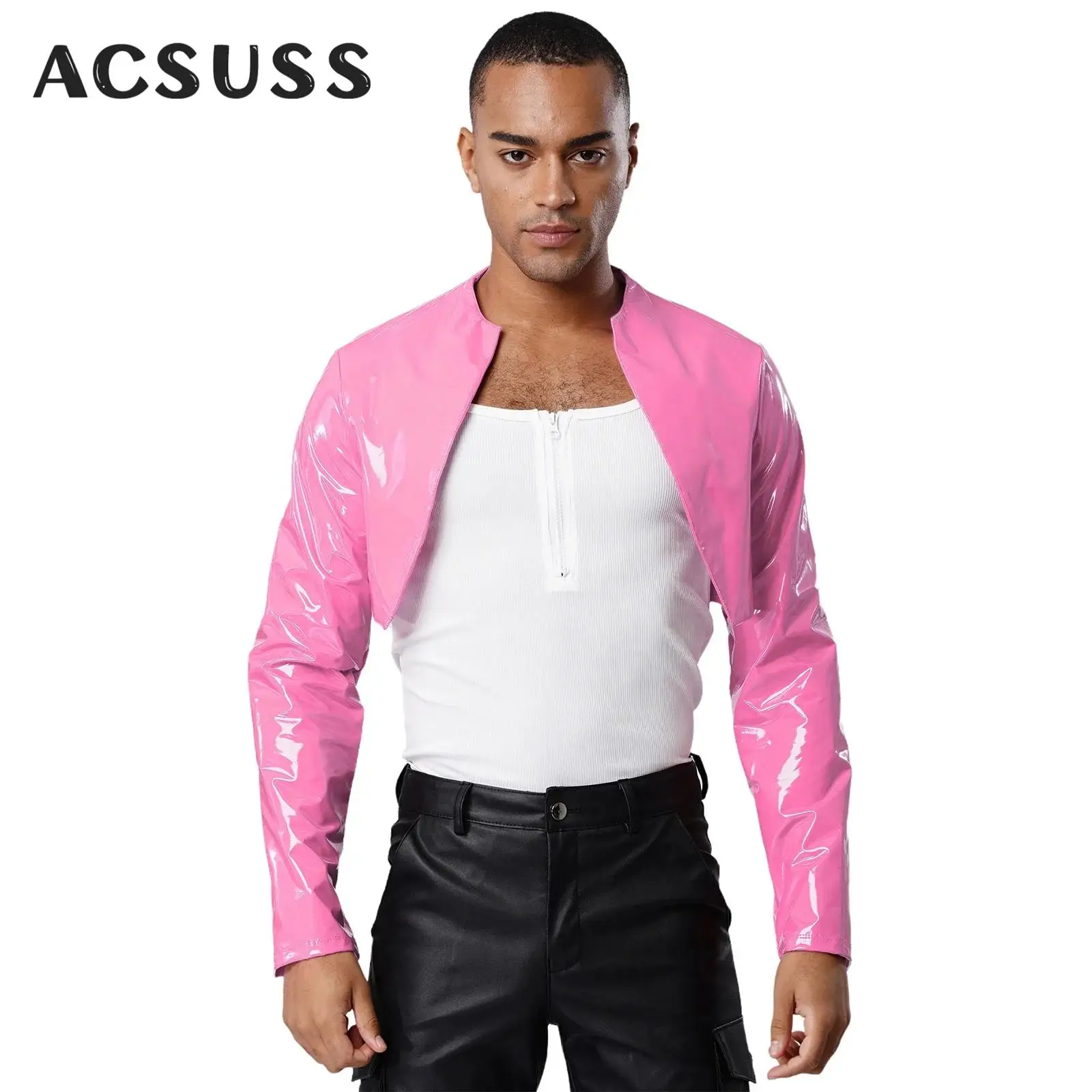 

Men Glossy PU Leather Cardigan Jackets Open Front Long Sleeve Unlined Motor Biker Driving Cropped Coat Rave Disco Party Clubwear