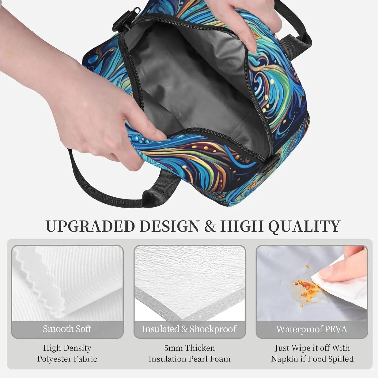 Fiambrera con estampado artístico de plumas de pavo real para hombres y mujeres, bolsa de almuerzo aislada con correa ajustable para el hombro, fiambrera reutilizable para viajes de oficina