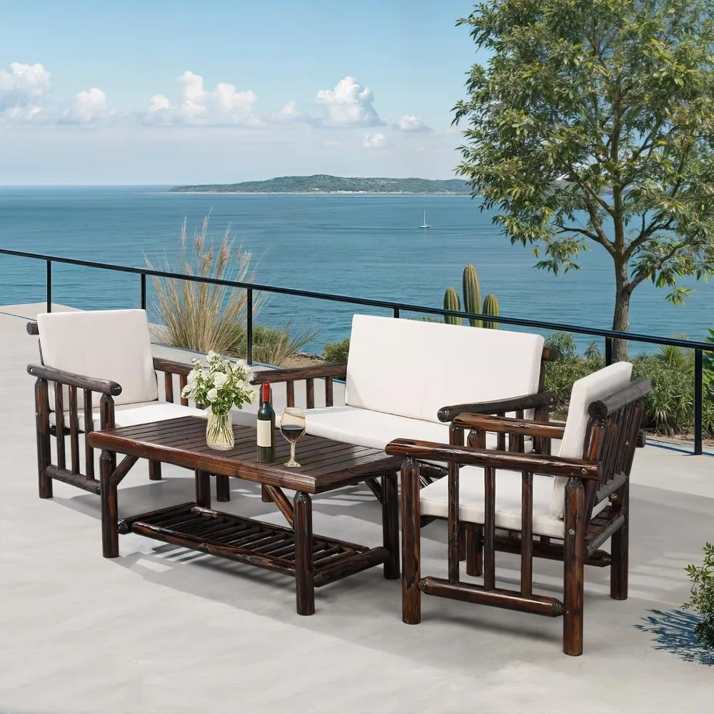 Outdoor Patio Furniture Sets 4-Piece, Fir Wood Patio Couch Sets w/Coffee Table, Outdoor Conversation Sectional Set with Removab