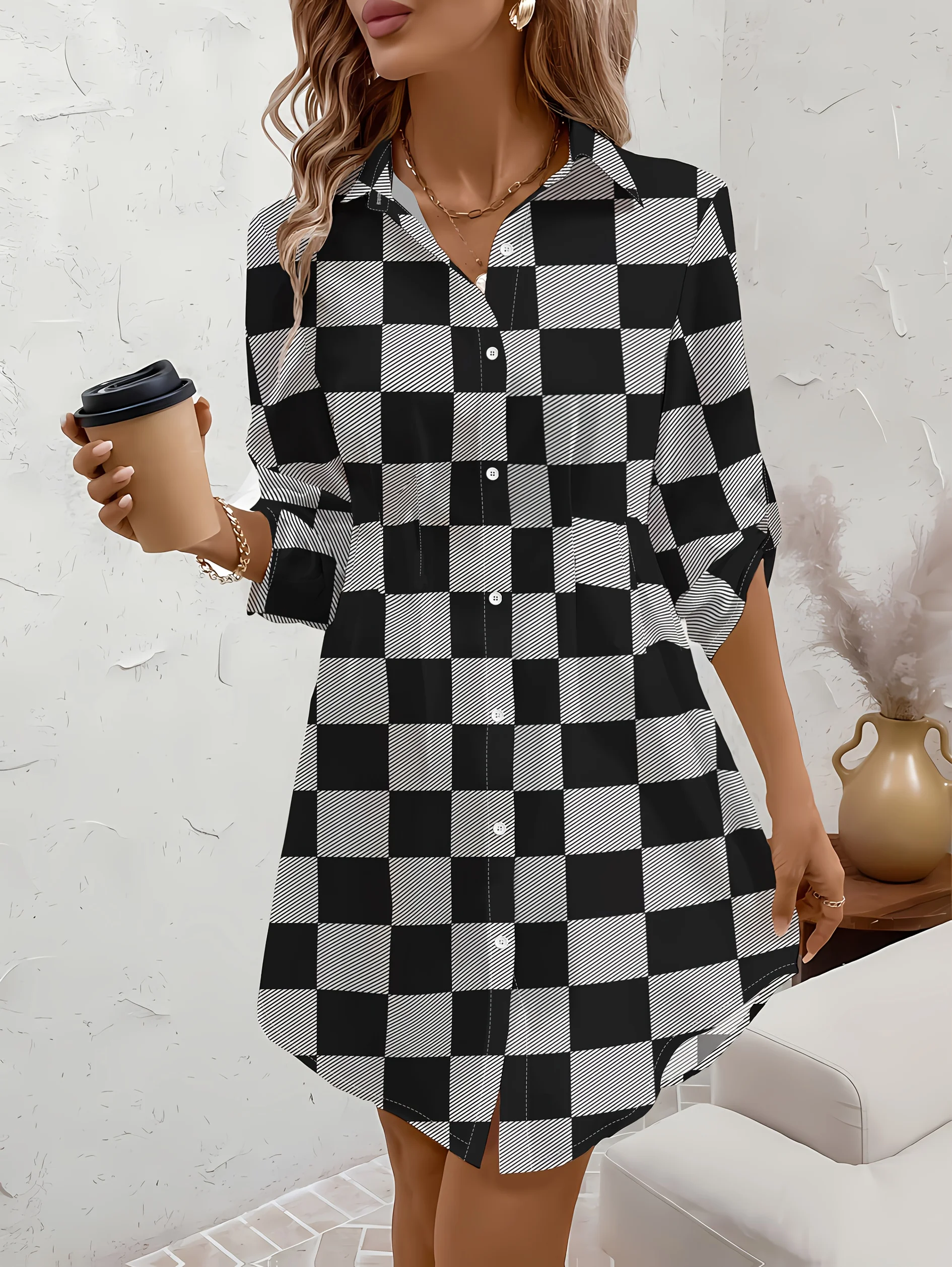 Spring and Autumn Style Casual Style Black and Gray Checkered Pattern Lapel Button Long Sleeve Shirt Dress