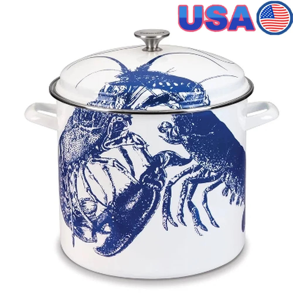 

16qt Enamel Steel Stockpot with Lid Dishwasher Safe Extra Deep Cooking Pot Gas Electric Clambakes Lobster Parties