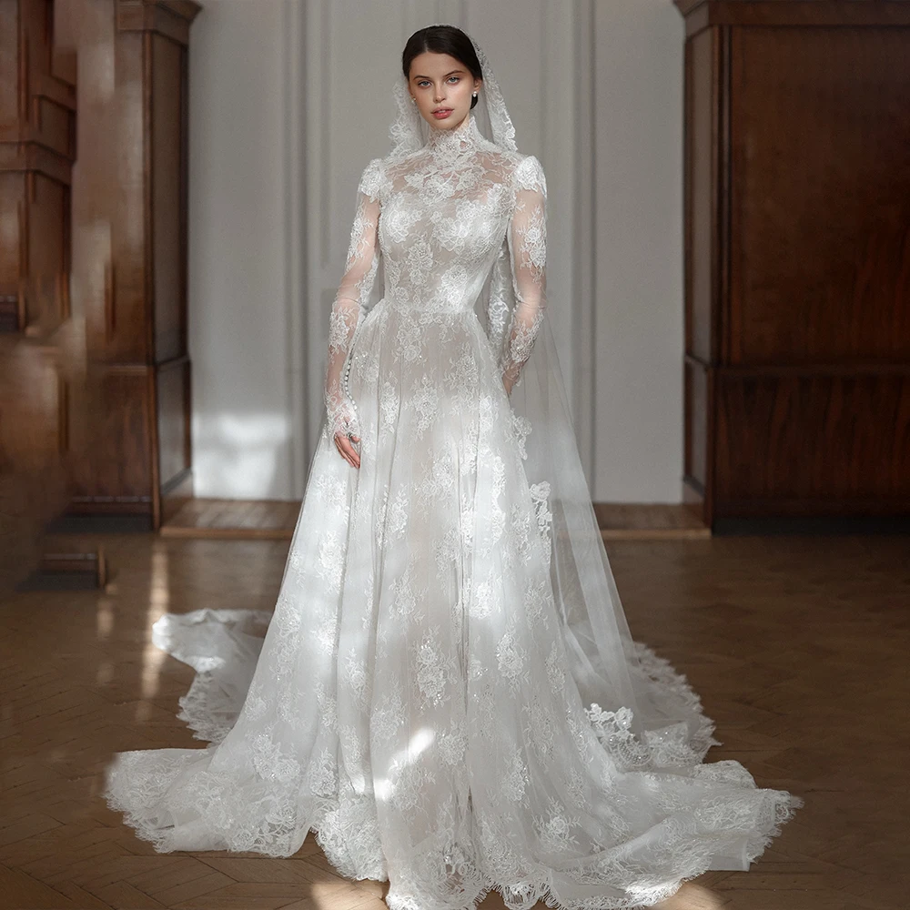 Luxury Wedding Dresses Long Sleeve High Neck A Line Lace Bridal Dress for Women with Sequin Sweep Train Bride Gown Customized