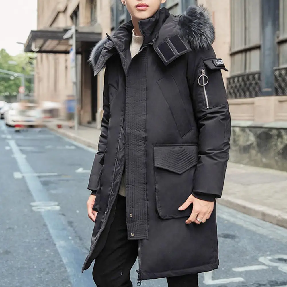 Men Down Jacket Fur Collar Hooded Thickened Puffer Men Winter Coat Thermal Insulation Long White Down Coat Fashion Male Overcoat