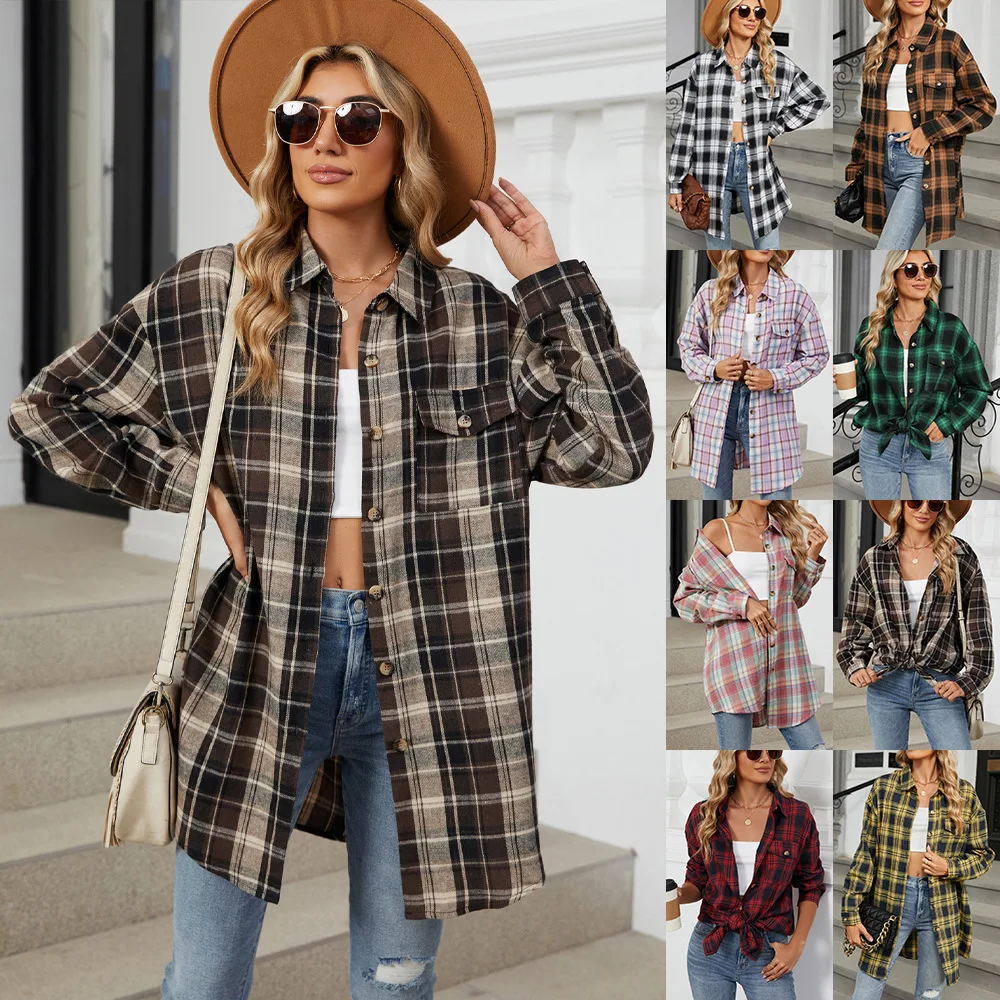 

Autumn Winter Women's Blouse Macaron Color Plaid Single Breasted BF Style Sub Shirt Wool Long Sleeve Shirt