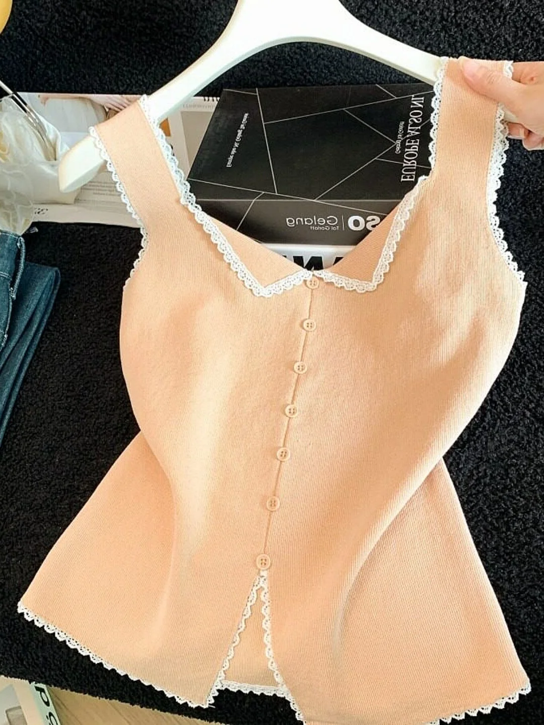 

Elegant Lace Trim Ice Silk Knitted Vest Women Summer Slim Fit Sleeveless Small Collar Top Soft Polyester Fiber Knitted Wear