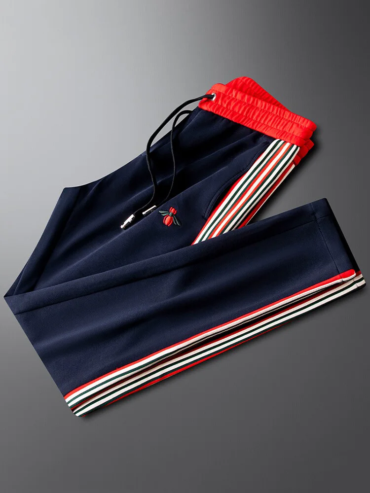 

Ele Summer Trendy Embroidered Belted Casual Pants Slim Fit Versatile Slimming Straight Leg Spor Long Trousers for Men