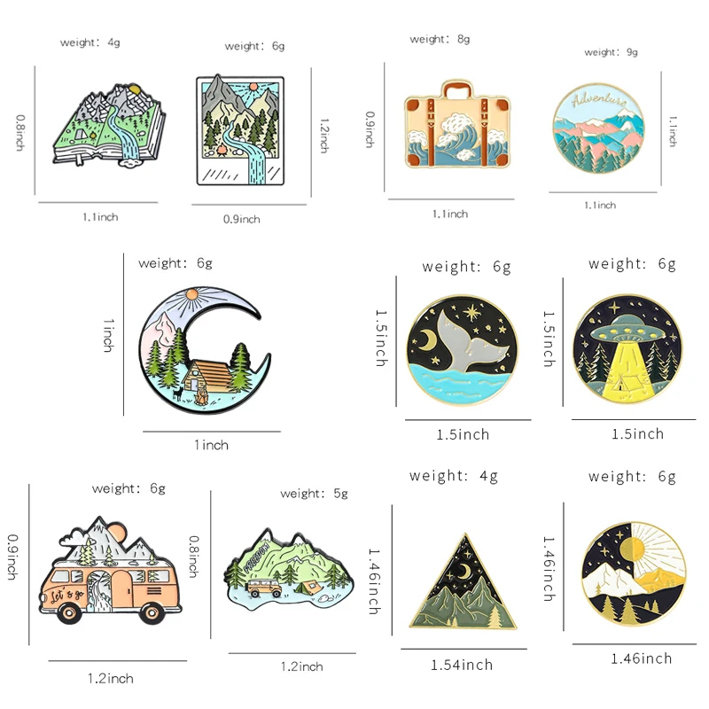 2-8pcs/set Outdoor Adventure Enamel Pins Personalized Sun Moon Starry Mountain Campfire Camp Map Brooch Badge Jewelry Gift