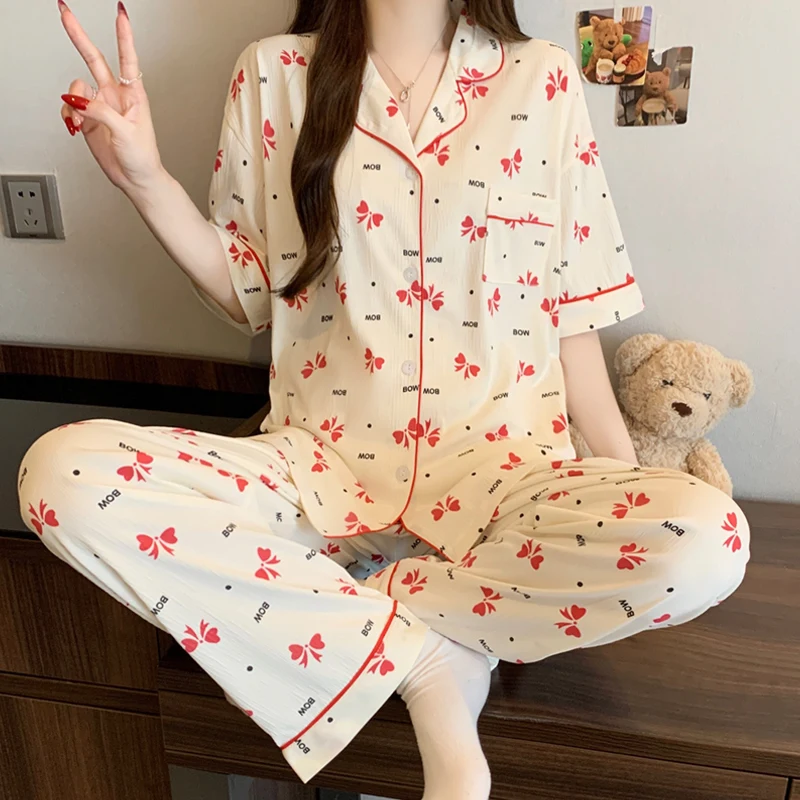 

Summer Women's Sweet English Bow Wrinkled Cloth Short Sleeve Pants Home Clothes Pajama Set Ladies Sleepwear Homewear Soft