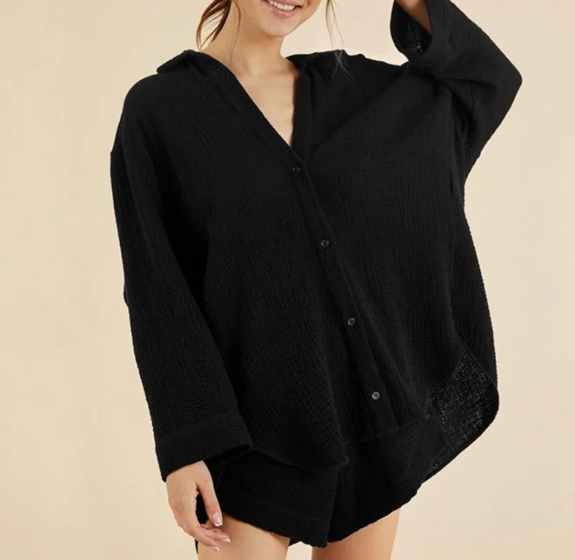 Autumn Long Sleeved Pajamas Double Layered Gauze Loose Shirt Shorts Comfortable Two-piece Set for Women