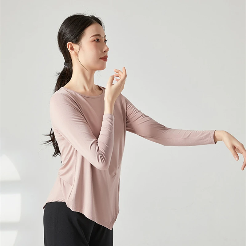 여성용 모던 댄스 연습 상의, 긴팔 셔츠, 불규칙한 밑단, 체육관 요가 훈련 댄스웨어, 크루넥 공연 캐주얼 의류
