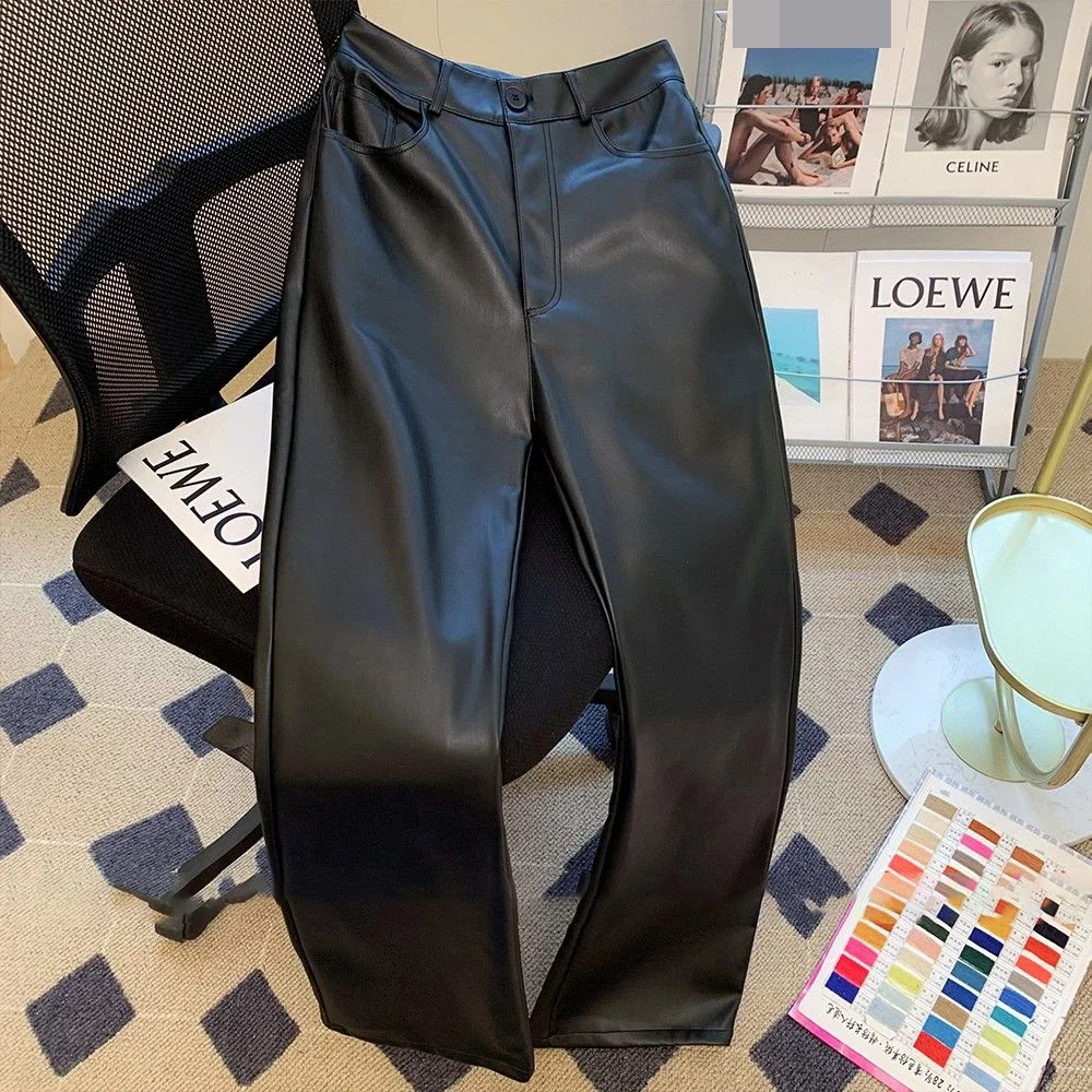 

High waisted straight leg slimming black PU leather pants for women, loose and wide leg casual pants 2024 new model