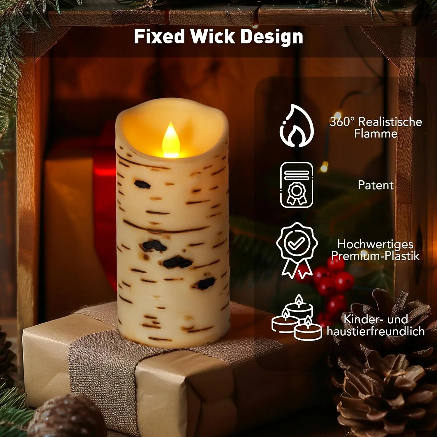 Flameless Candles Battery Operated Set of 3 Birch Bark LED Pillar Candles with Remote 3D Moving Wick Electric Decorative Candles