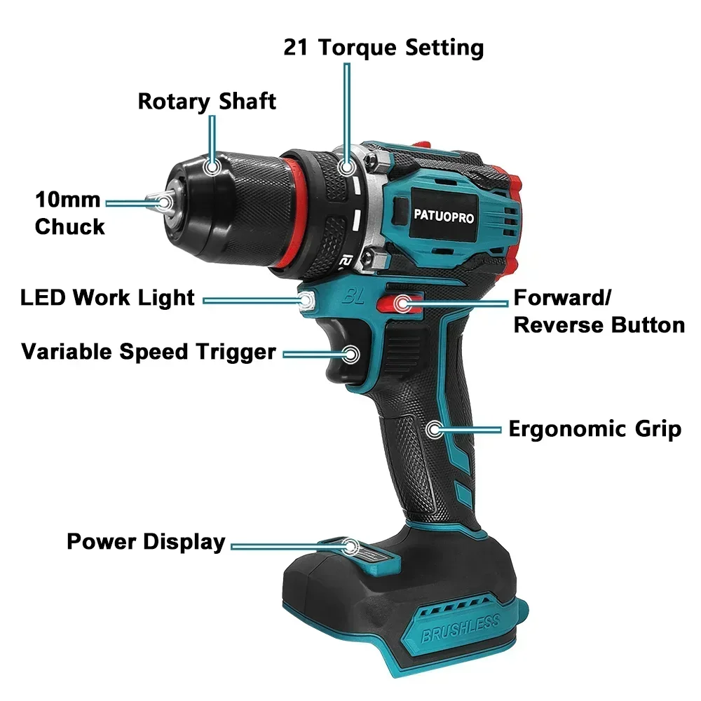 PATUOPRO 10mm draadloze borstelloze elektrische boormachine 2-snelheden metalen boorkop schroevendraaier thuis doe-het-zelf gereedschap voor Makita 18V batterij (geen batterij)