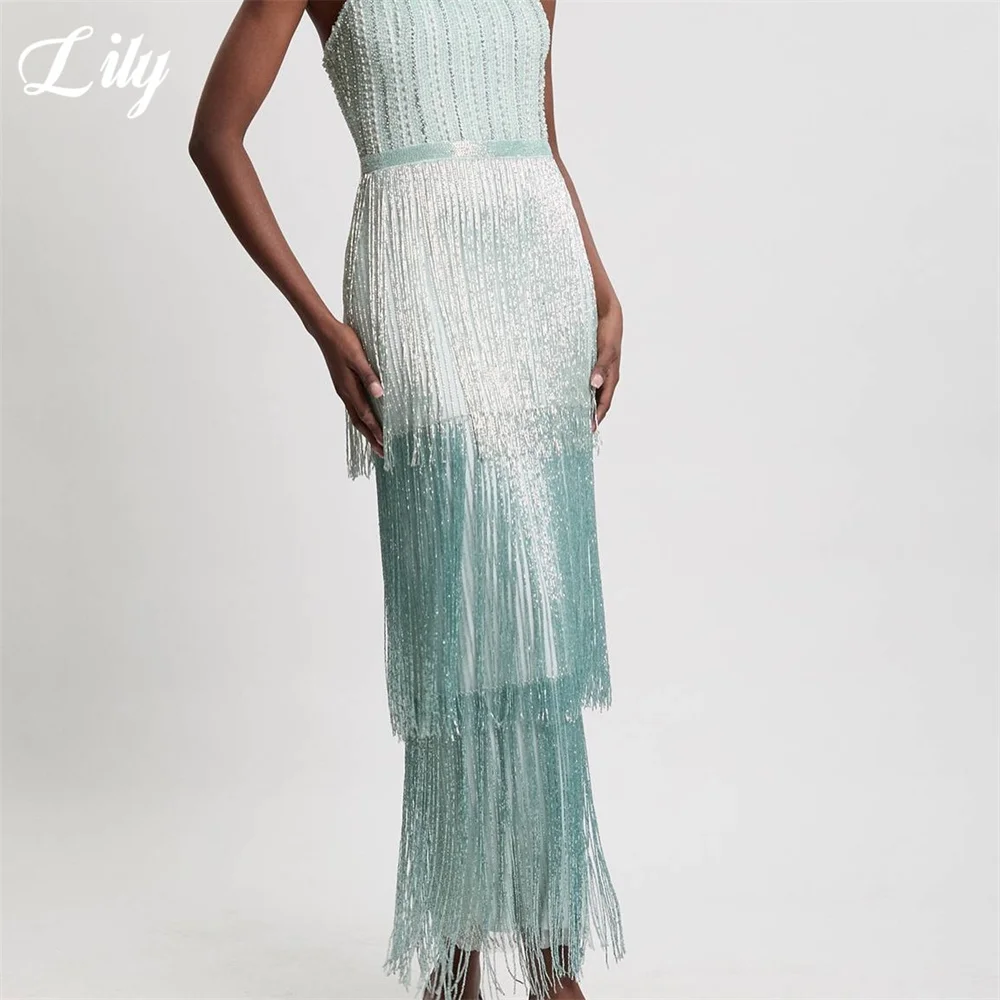 Lily Light Cyan Prom Dresses Spaghetti Strap Tiered Tassel Gala Dresses Beaded Bodice Saudi Arabic Evening Party Gown Customized image 6