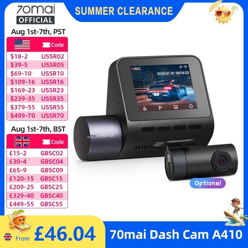 70mai A410 Dual Dash Cam 2.5K Front and 1080P Rear with Built-in GPS