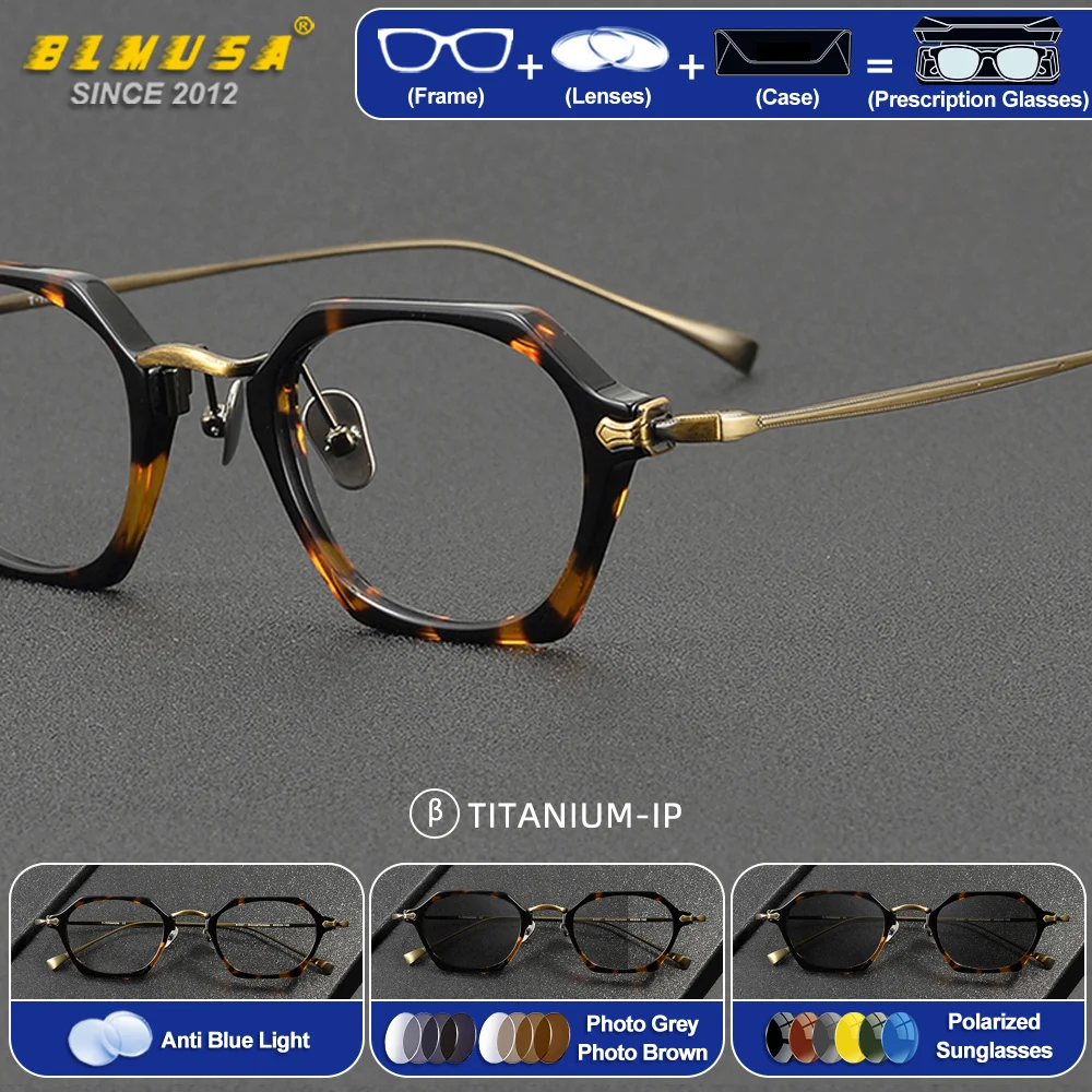 

BLMUSA (S) Polygonal Small Frame Acetate Optical Prescription Myopia Eyeware Design Pure Titanium Anti Blue Ray Reading Glasses