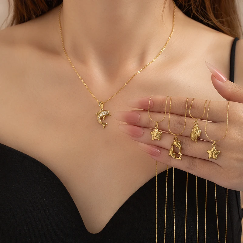 ANENJERY 316L Stainless Steel Ocean Style Dolphin Star Conch Necklace For Women Niche Unique Luxury Jewelry Gifts Wholesale