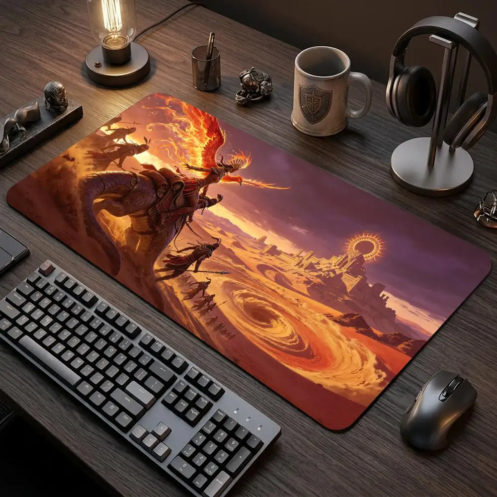 60X35CM Desert Phoenix Ancient Egyptian Temple Sandstorm Play mat Non-Slip Rubber Base Stitched Edge Table Mat for Card Game
