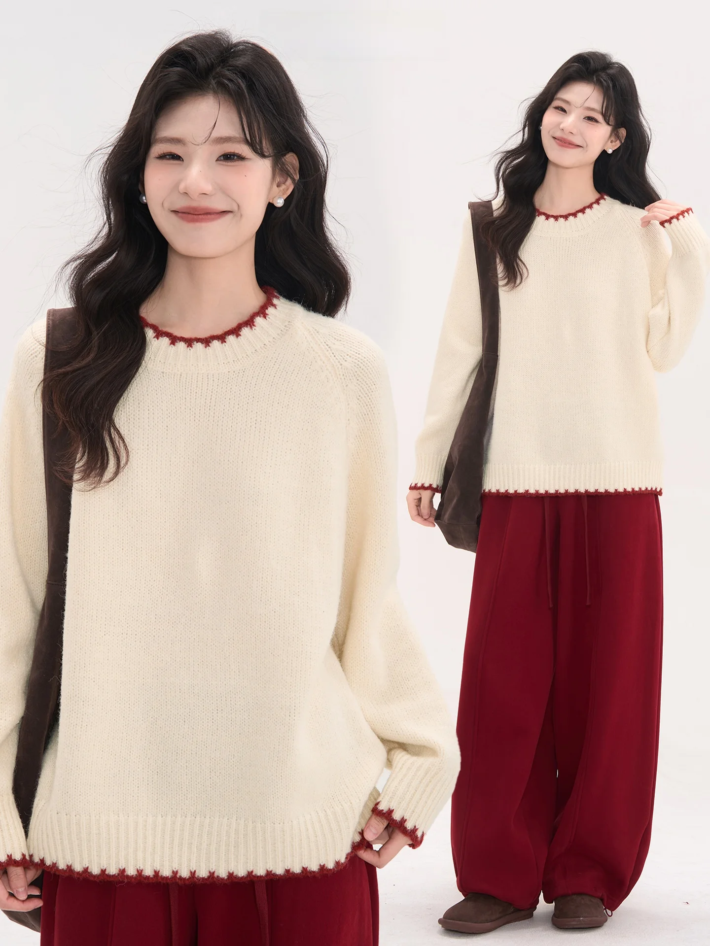 

Вязаный шерстяной свитер Heme 5 для женщин, с круглым вырезом, ручной вязки, с цветными блоками и кружевной отделкой, осенне-зимний топ, повседневный стиль