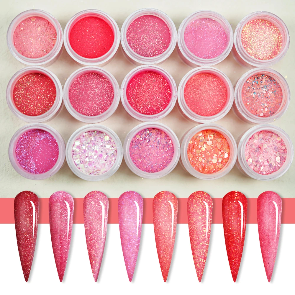 FSIXCL 2023 New 12 Color Red Pink Nail Glitter Dip Acrylic Powder for Nail Art Decoration Manicure Design Pigment Dust Supplies