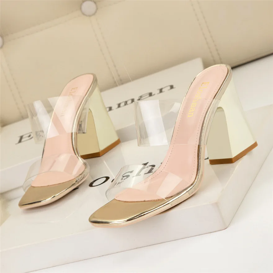 Concise Patent Leather High Heels Shoes Women's Slippers Open Toe Transparent Band Ladies Slides Black White Slip On Party Pumps