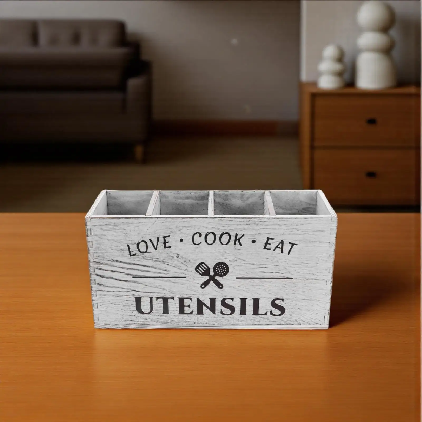 

Wooden Cutlery Storage Box Silverware Holder with 3 Dividers Rustic Kitchen Utensils Organizer for Fork Spoon Chopsticks Cooking
