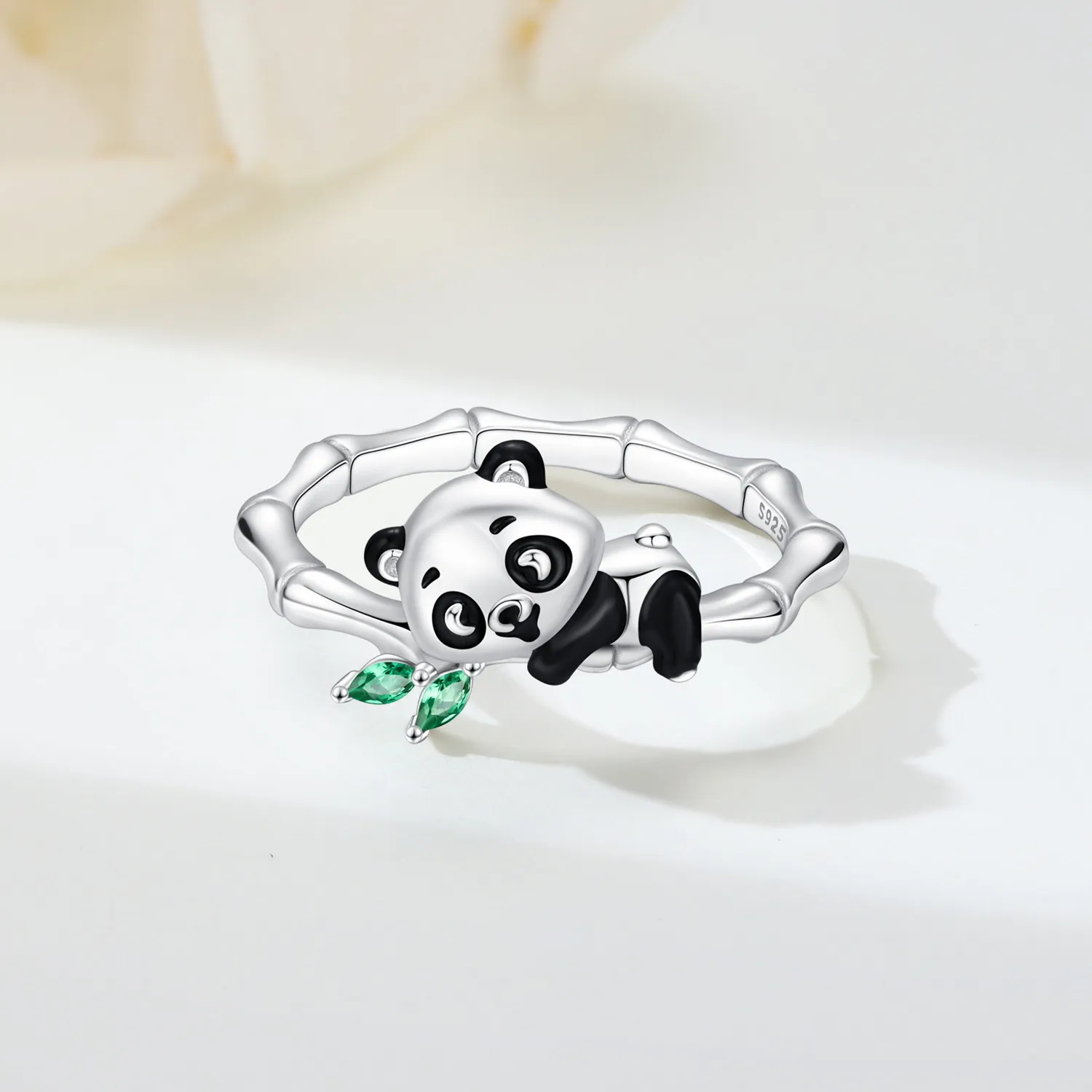925 Sterling Silver Cute Panda & Bamboo Ring Black Resin Panda Inlaid Green Leaf Zircon Fine Jewelry Birthday Gifts for Women
