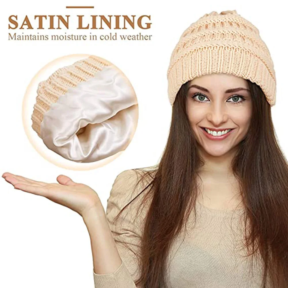 

European and American winter warm and windproof ear protection head cover hat with micro elastic satin lining knitted hat