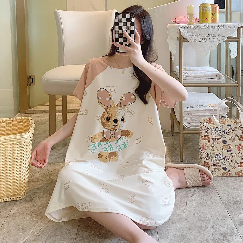 Summer New Nightgown Pajamas Homewear Loose Large Size Sweet Cute Cartoon Short-Sleeved Girls Loose Short-Sleeved Nightgowns