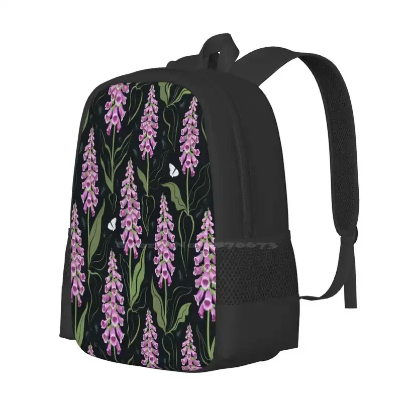 Foxgloves Pattern Schoolbag Backpack, bolsas de moda, padrão botânico do jardim, flor floral, folha de natureza florescendo, rosa, venda quente