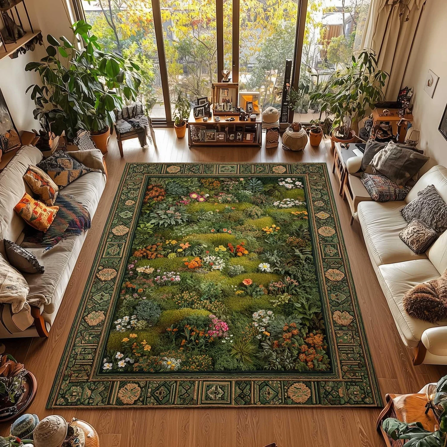 Floral Plant Carpet, Plant-Based Carpet, Suitable for Country Cottages, Green Washable Area Rug, Country Farmhouse Living Room Carpet.