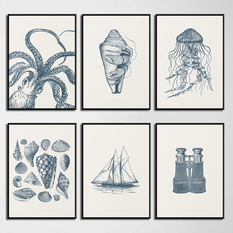 1pc frameless Canvas Painting Vintage Blue Hermit Crab Octopus Sealife Poster Coastal Nautical Sailboat Wall Art Prints Canva