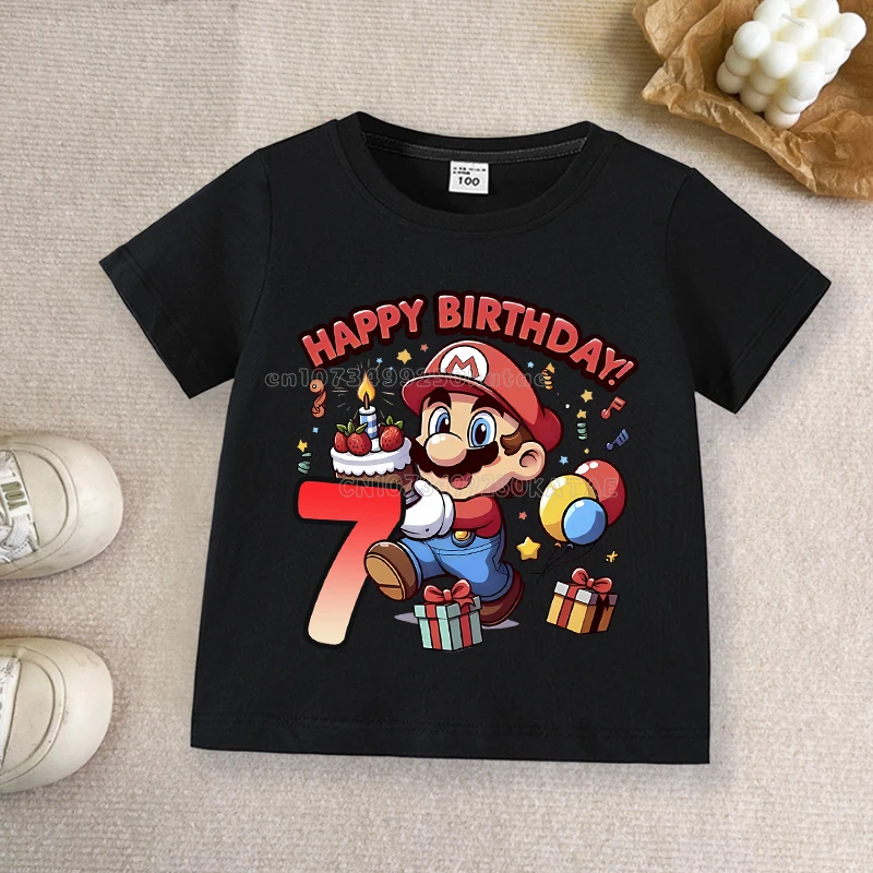 سوبر ماريوس الأطفال عدد تي شيرت الصبي عيد ميلاد الملابس الكرتون الطفل قصيرة الأكمام المحملة الصيف طفل قمم أنيمي الاطفال الملابس