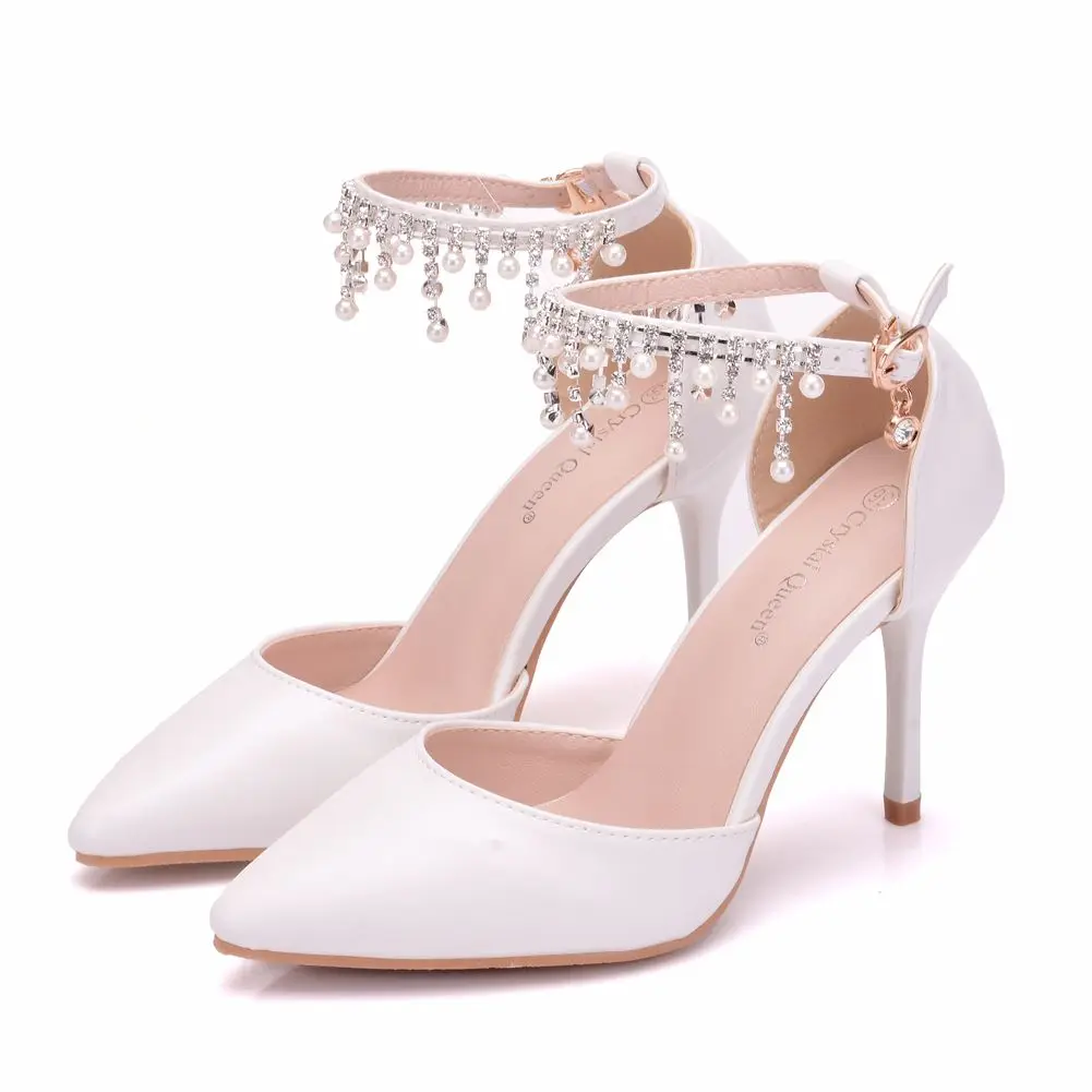 Crystal Queen White Pearls Tassel Chain Sandals Thin High Heels Pointed Toe Mary-Janes Stiletto Rhinestone Weddding Pumps