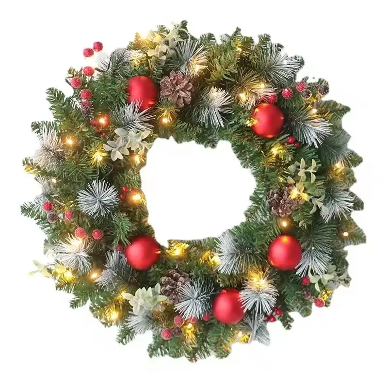 Couronne de noël 20-60cm avec guirlande lumineuse LED, guirlande suspendue en pin pour décorations de maison, fournitures de fête de noël, bonne année