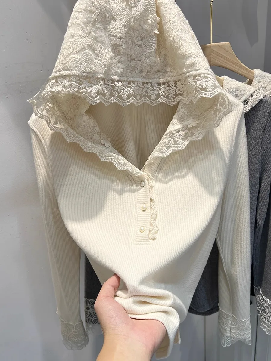 

Sweet Style Long Sleeve Fleece T-Shirt Women's Hat Lace Patchwork Autumn Winter Fashion Cool Base Shirt Top for Young Girls