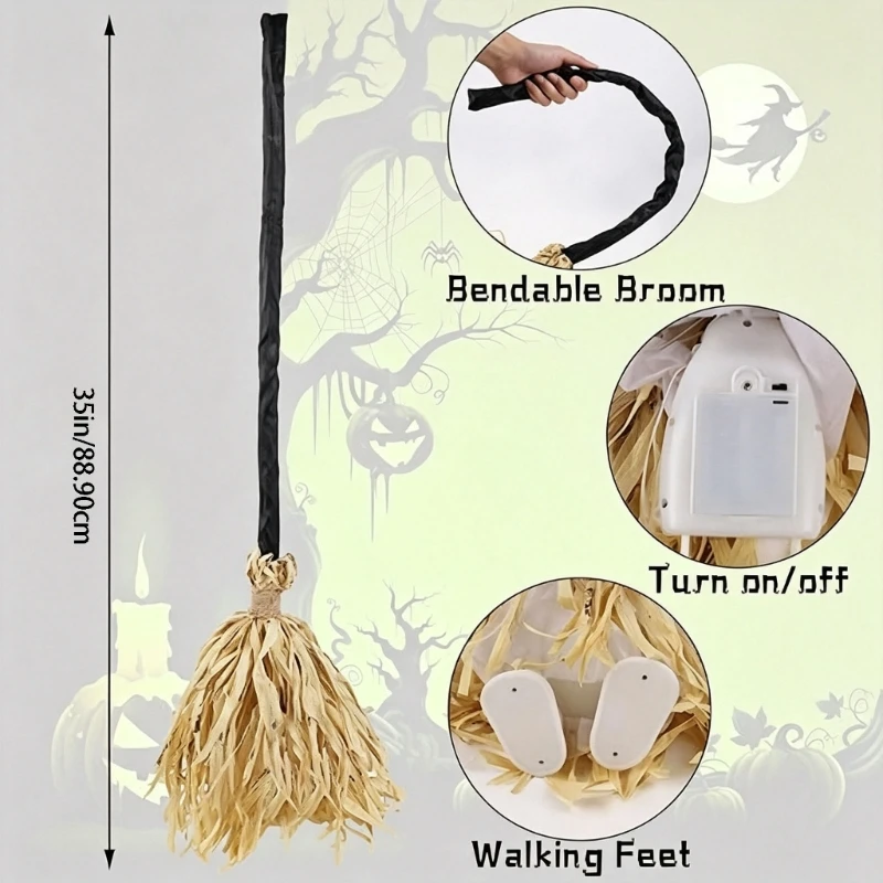 Walking Witch Broom Decoration with Green LED Lighting, Powered Movement, and Faux Straw-Style Bristles for Halloween 15UB