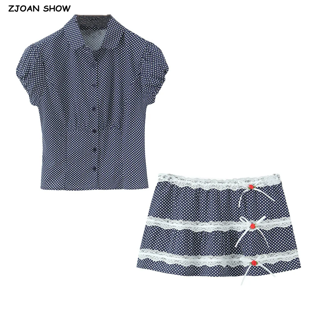 

Women Polka Dot Print Lapel Collar Lantern Short Sleeve Shirt Elastic Low Waist Spliced Lace A-line Mini Skirt 2 Pieces 1 Set