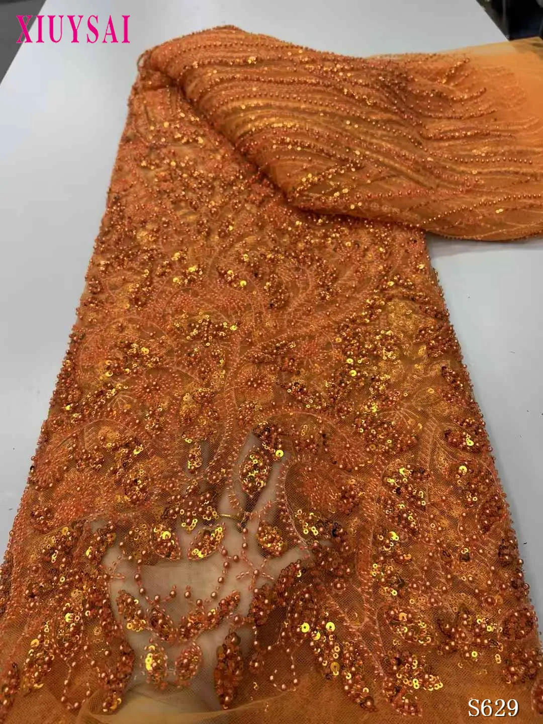 

Оранжевая кружевная ткань с бусинами и последовательностью новейшая кружевная ткань высокого качества 2025 тюль с бисером кружевная ткань с блестками для шитья