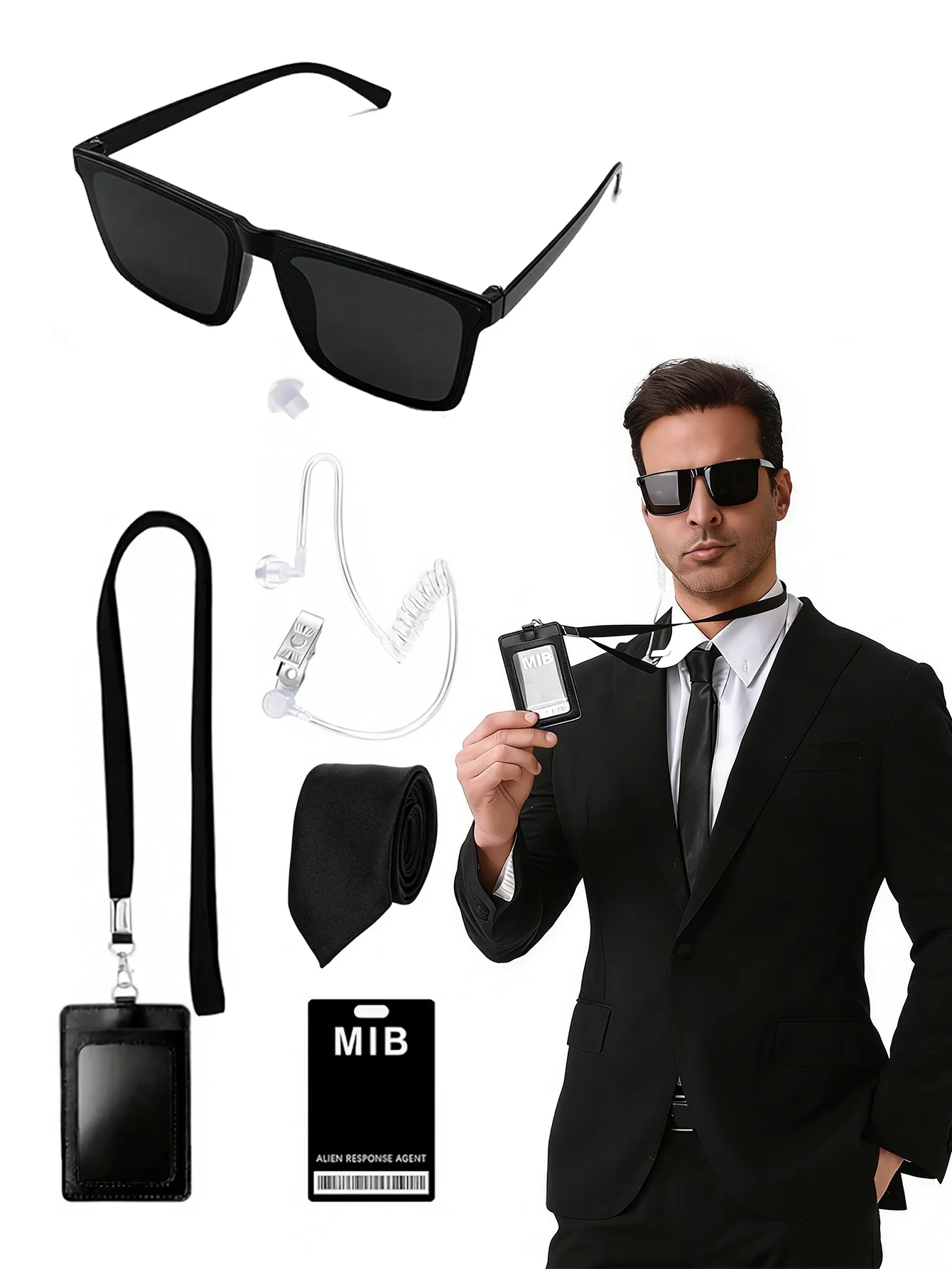 Conjunto de Acessórios de Fantasia de Agente MIB para Homens, Óculos de Sol Pretos, Gravata, Fone de Ouvido, Porta-ID, Acessório de Fantasia de Agente do Serviço Secreto para Halloween