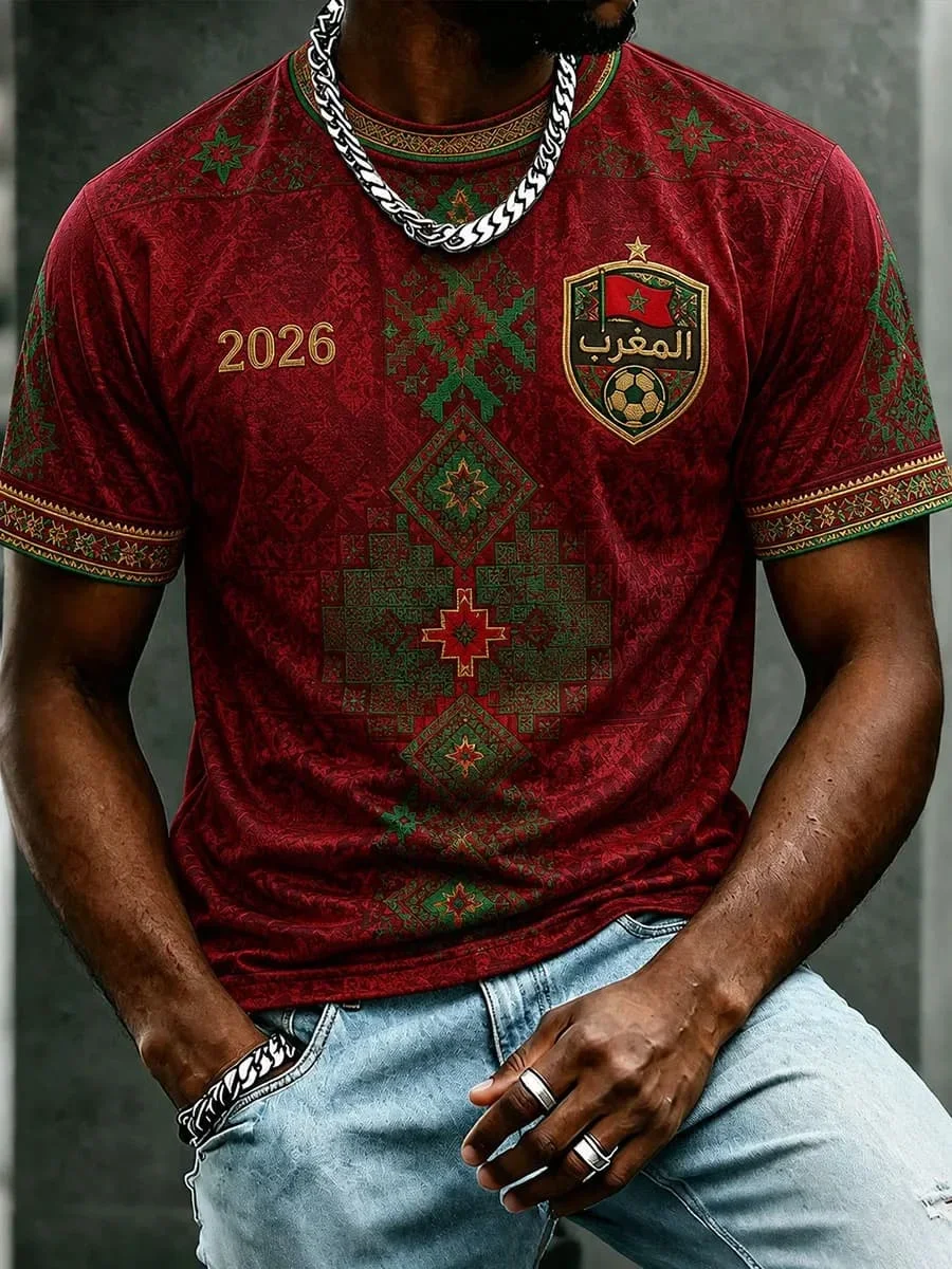 Herren 3D-Druck Marokko Fußball-Fan-T-Shirt, 2026 Fußball-inspiriertes Kurzarm-Trikot, Schnelltrocknendes Sport-Oberteil – Detail 12