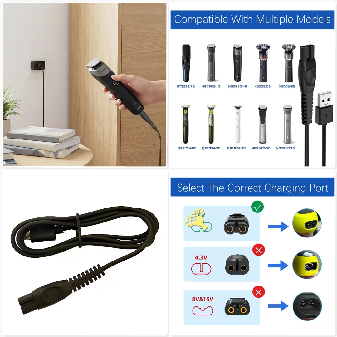 5V USB Charger Cable for Philips Shaver Cord One Blade Gym Locker Room Emergency Power Up Quick Charge