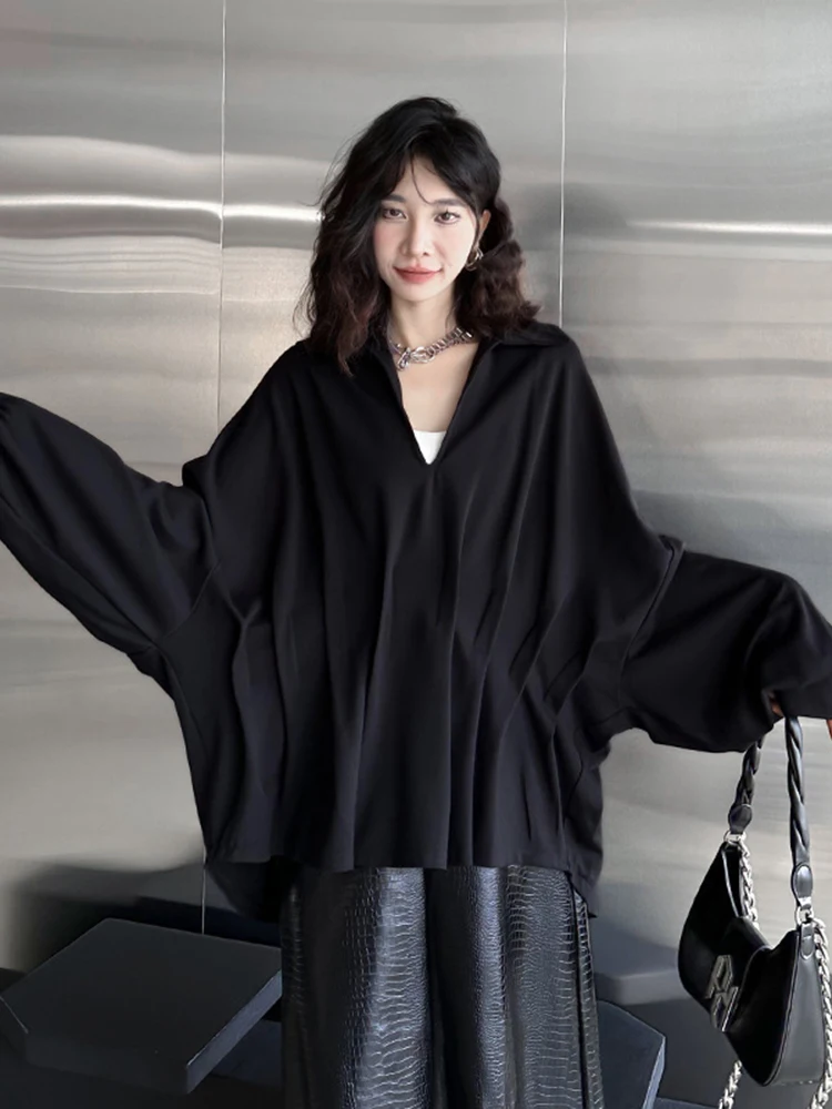 Black Brief Pleated Big Size Casual Jacket New V-neck Long Sleeve Women Coat Fashion Tide Spring Autumn